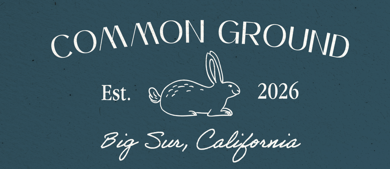 Common Ground wordmark lockup with a rabbit illustration, 'Est. 2026, Big Sur, California,' on a deep navy background.