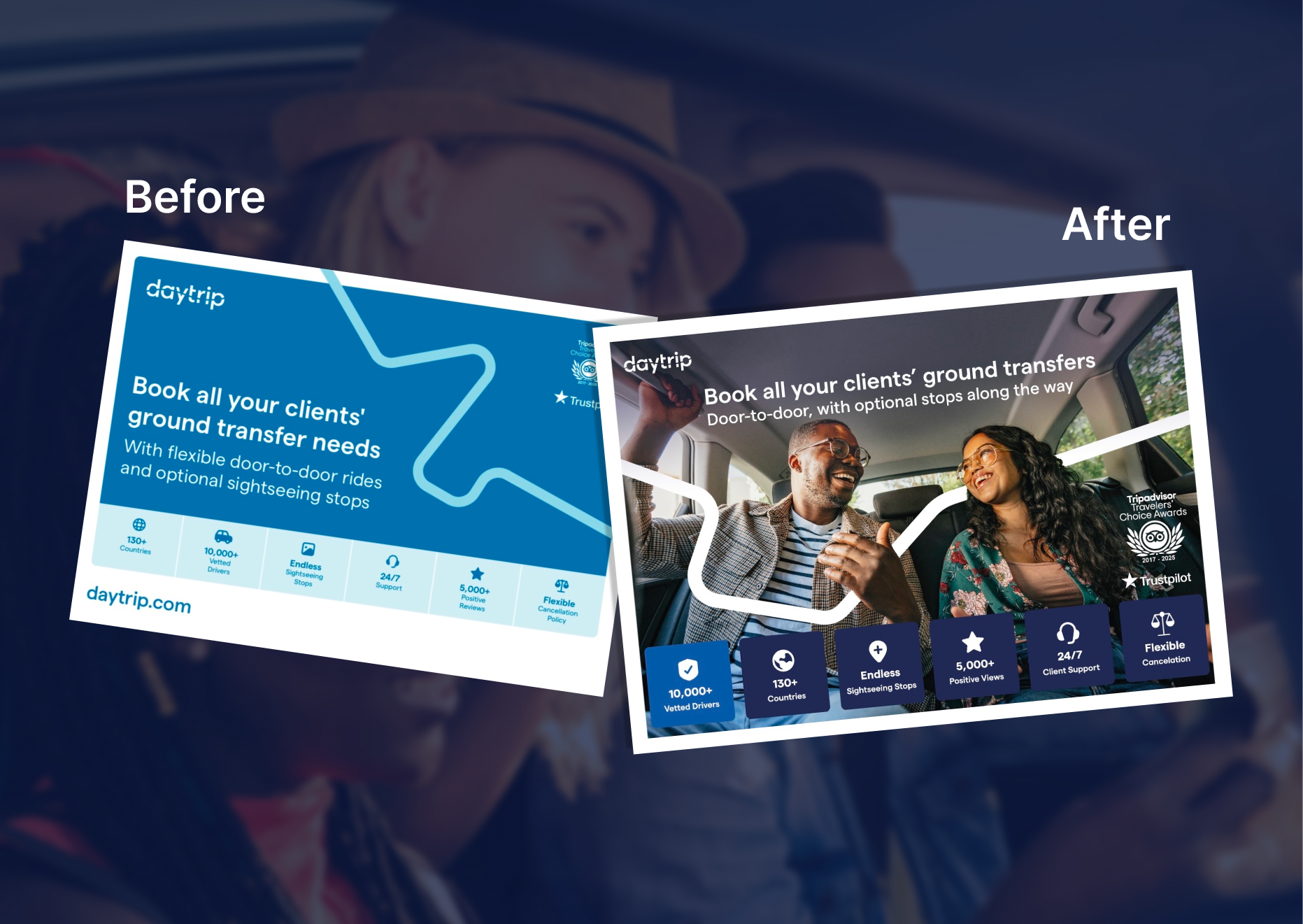 Before-and-after comparison of a Daytrip ground-transfer ad, redesigned with new branding, lifestyle photography, and copy.
