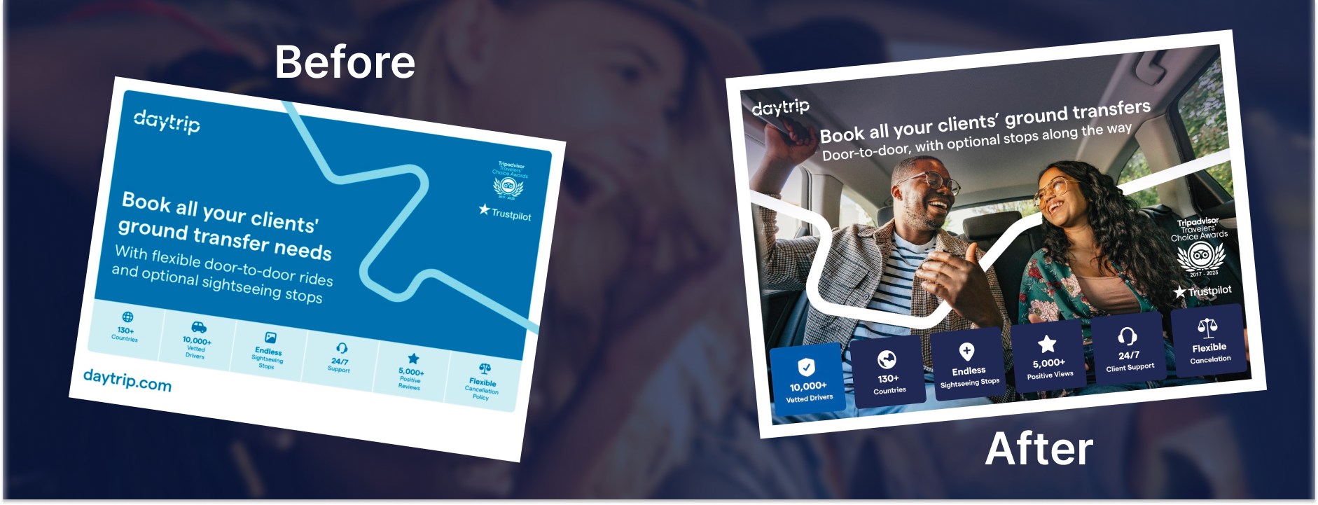 Before and after redesign of a Daytrip B2B trade show flyer.