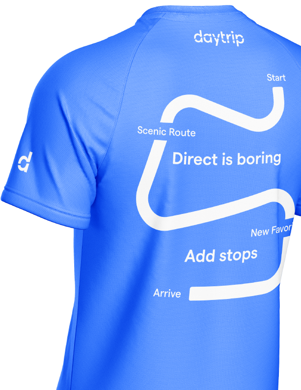 Daytrip merch design: a route map graphic on the back of a t-shirt.
