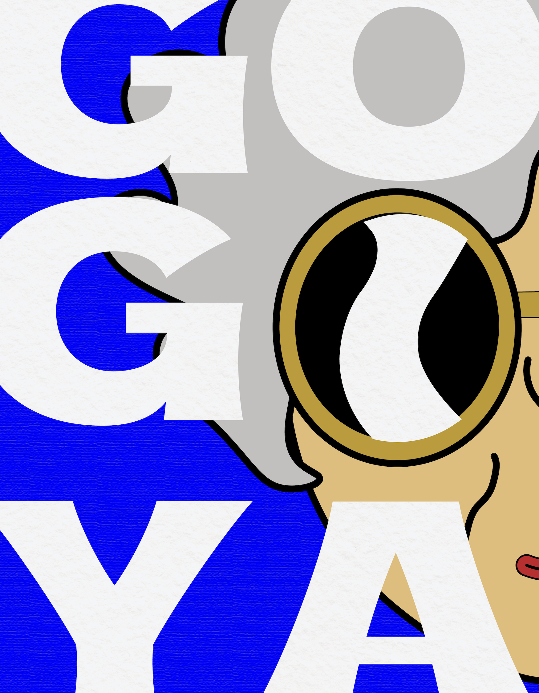 Close-crop of the Gogiya wordmark with the illustrated grandmother character — blue typography, gold-rimmed glasses, grey hair.