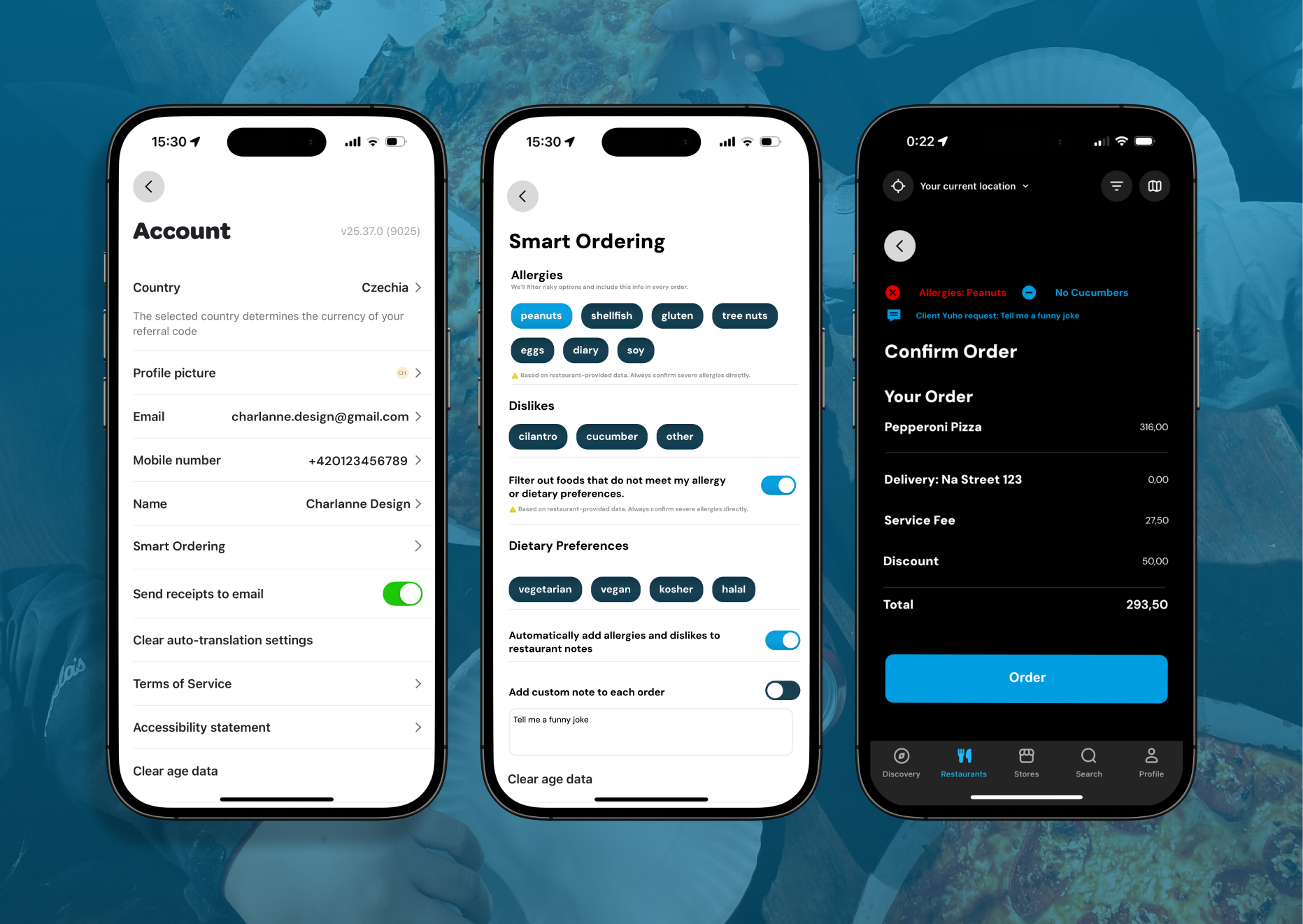 Three Wolt app screens showing the Smart Ordering concept: allergy profile setup and auto-populated order notes.